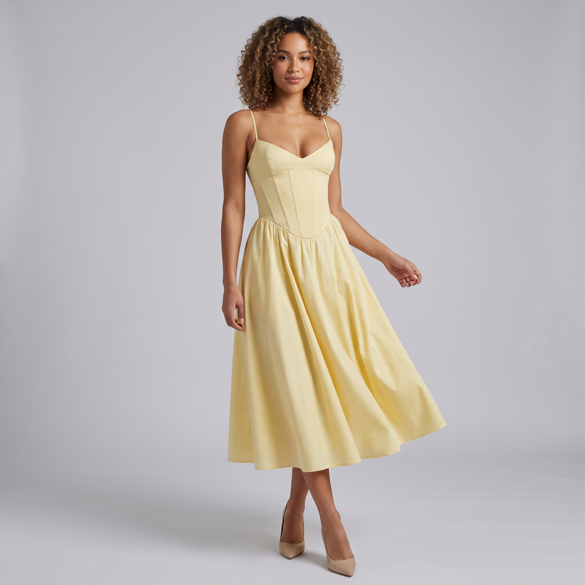 Women’s Corset-Bodice Cotton-Poplin Evening Midi Dress