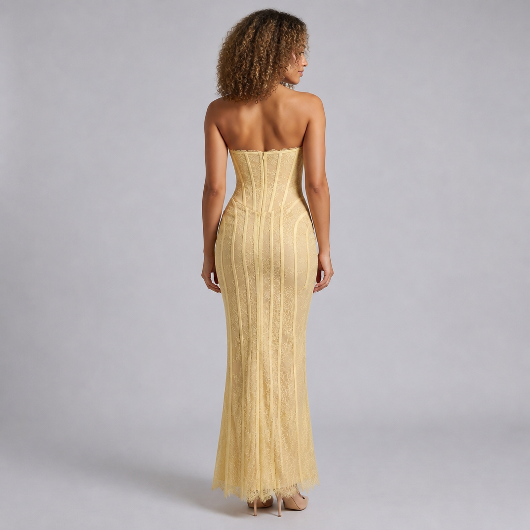 Women’s Lace-Overlay Corset Wedding Guest Maxi Dress