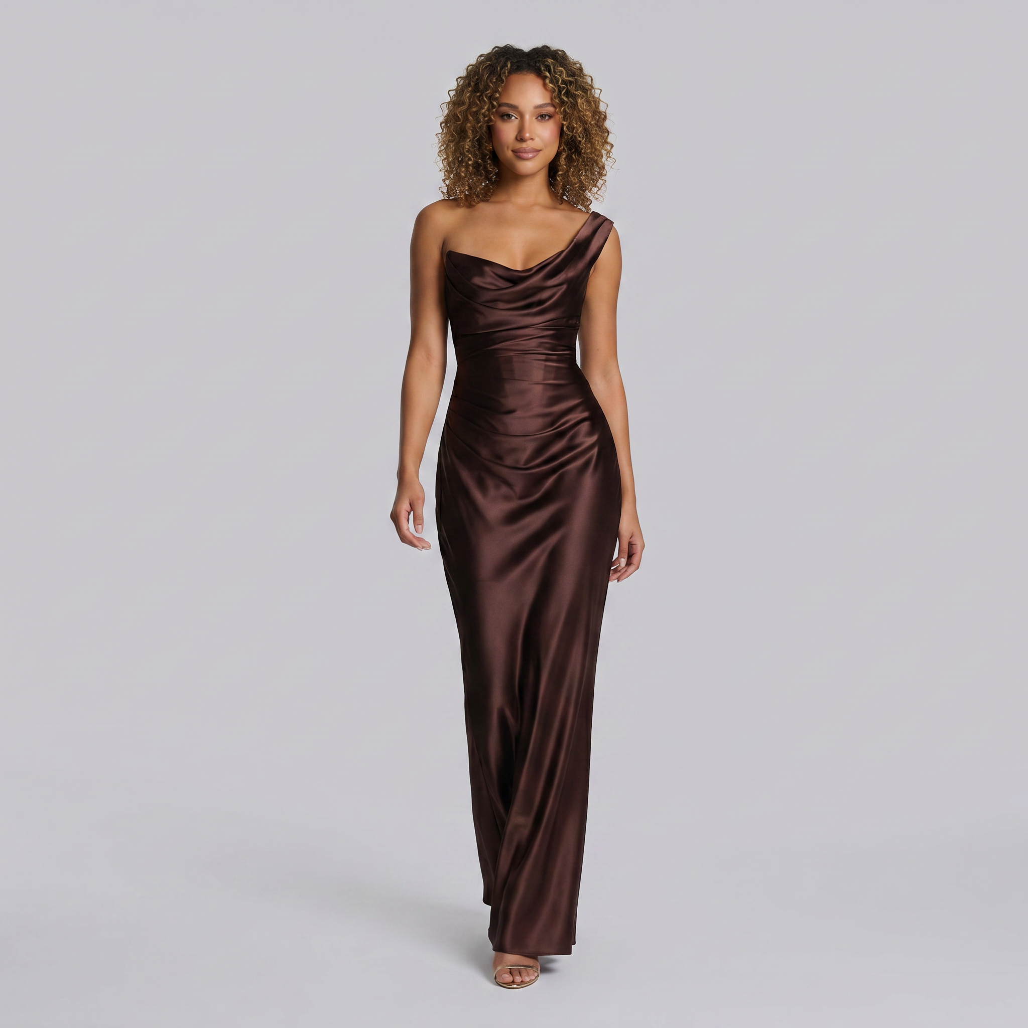 Women’s One-Shoulder Satin-Finish Cowl-Neck Maxi Dress