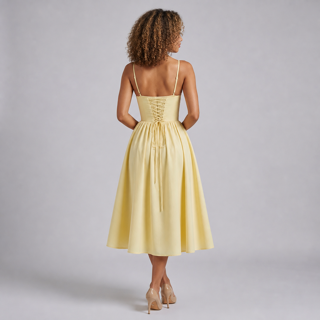 Women’s Corset-Bodice Cotton-Poplin Evening Midi Dress
