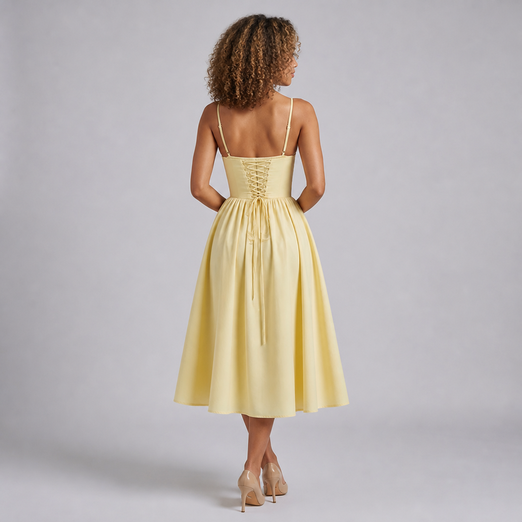 Women’s Corset-Bodice Cotton-Poplin Evening Midi Dress