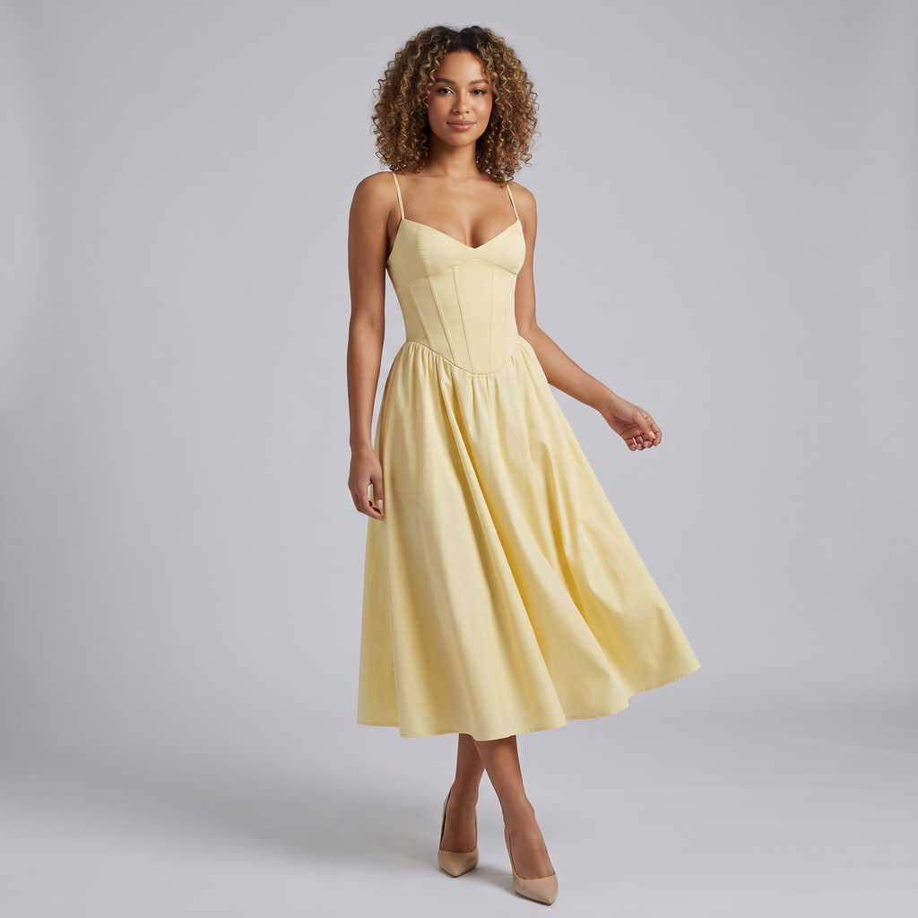 Women’s Corset-Bodice Cotton-Poplin Evening Midi Dress
