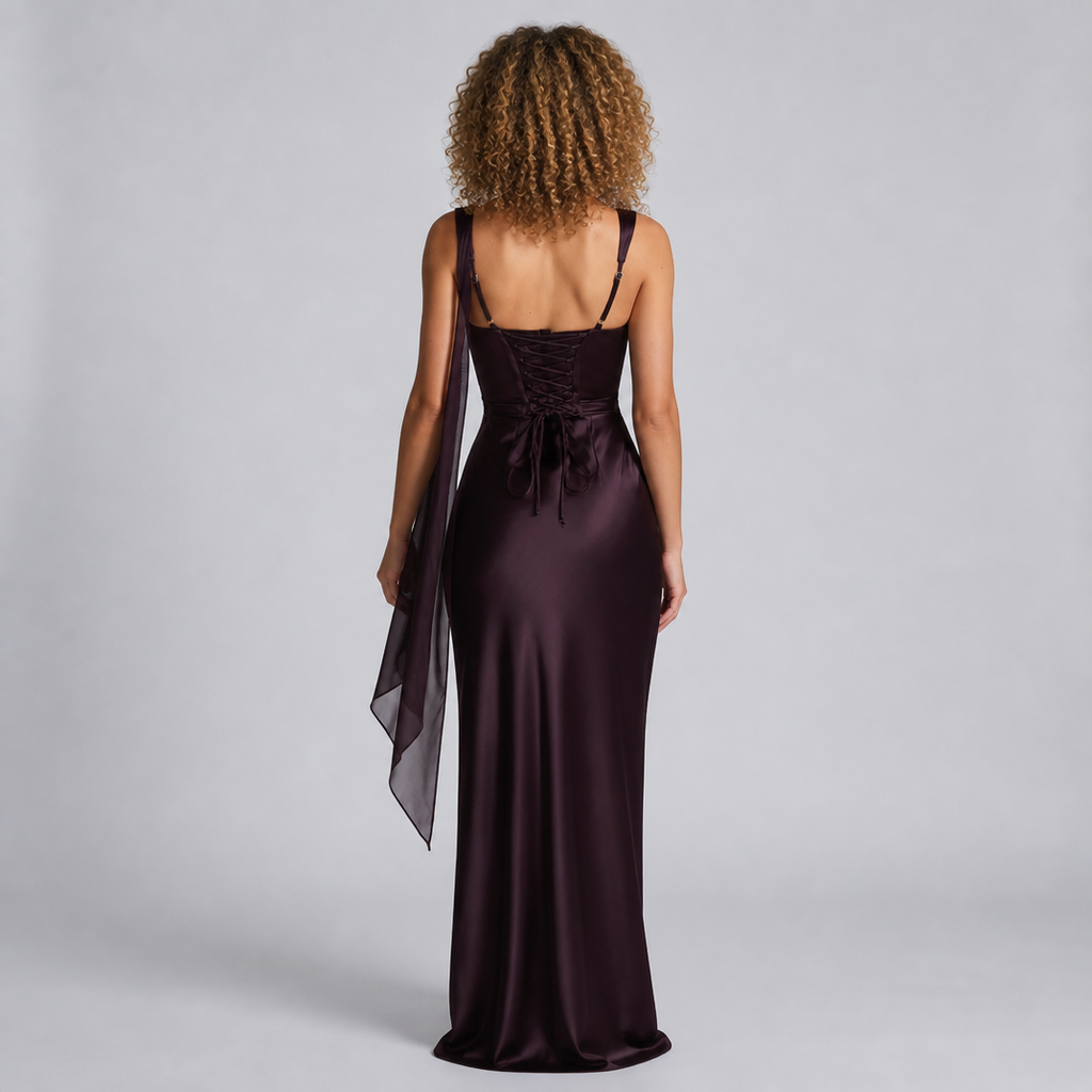 Women’s Satin-Finish Scarf-Detail Choker Evening Maxi Dress