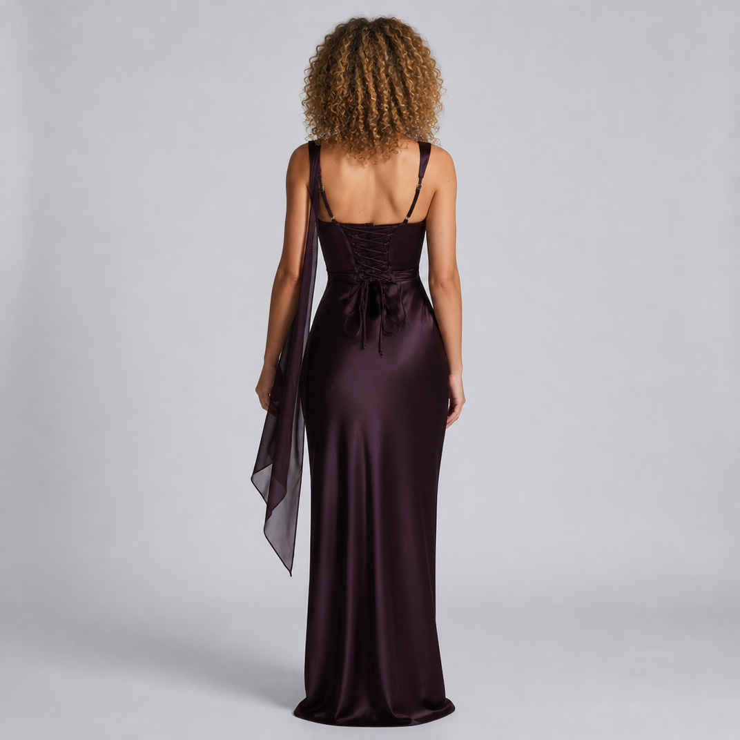 Women’s Satin-Finish Scarf-Detail Choker Evening Maxi Dress