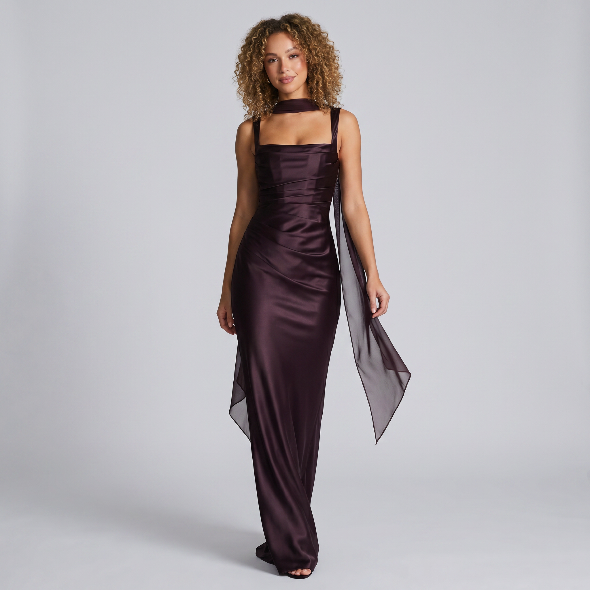 Women’s Satin-Finish Scarf-Detail Choker Evening Maxi Dress